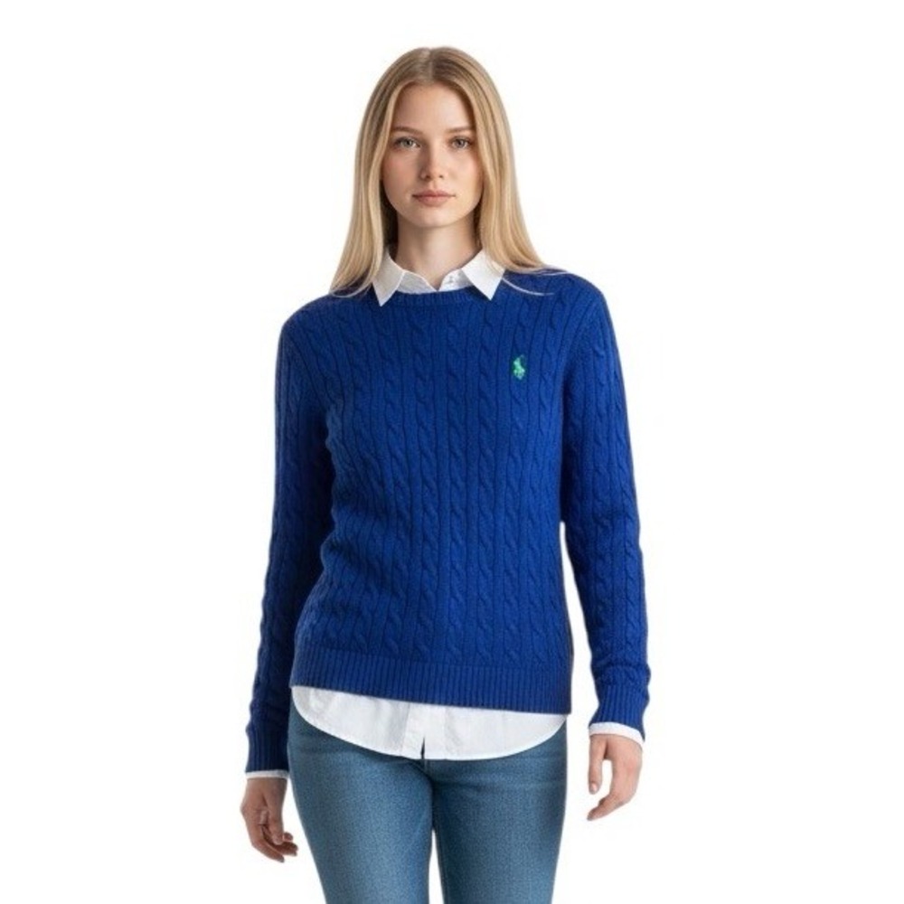 Ralph Lauren Cableknit Crewneck Sweater Royal Blue Size M Preppy Old Money